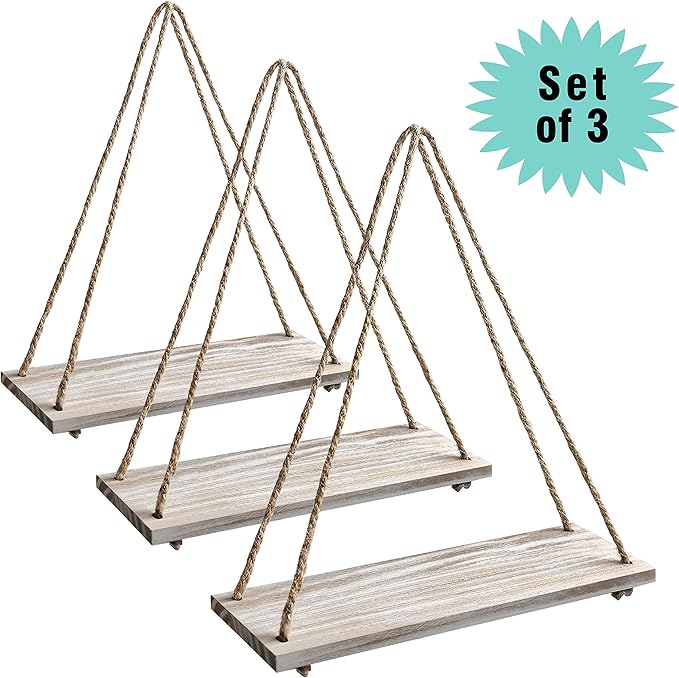 17 x 5 inch Wall Hanging Floating Shelves, Distressed Wood Farmhouse Organizer, Rustic Home Décor for Living Room Bathroom Bedroom Kitchen Apartment, Set of 3, Wash White