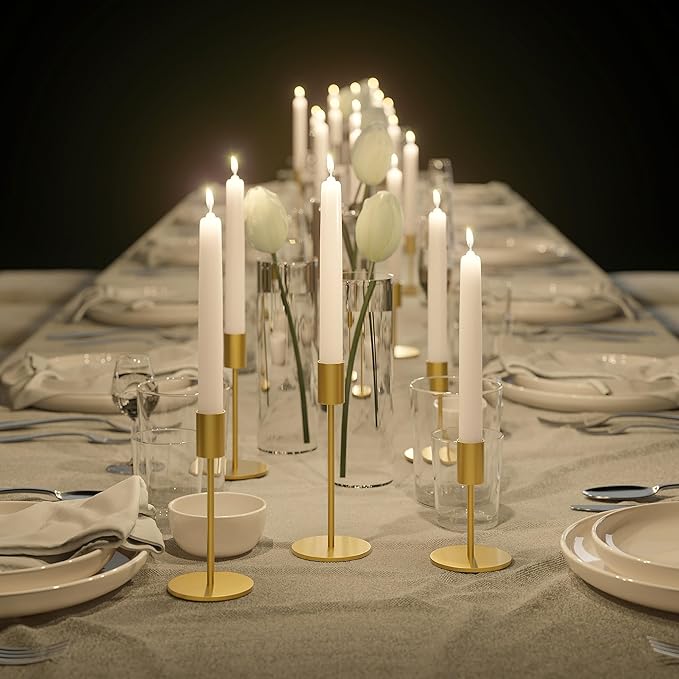 FSyueyun Gold Candle Holder Taper Candle Holders, Set of 12 Candle Stick Holders Decor for Mantel Table Centerpiece, Used for Wedding, Dinning, Housewarming Gift