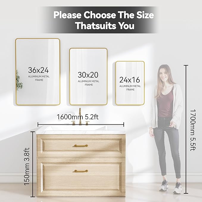 SCWF-GZ 20x30 Rectangle Mirror Full Length Wall Mounted Hanging or Against Wall Metal Frame Dressing Make-up Mirrors for Entryway Bedroom Bathroom Living Room 20 30 inch Gold