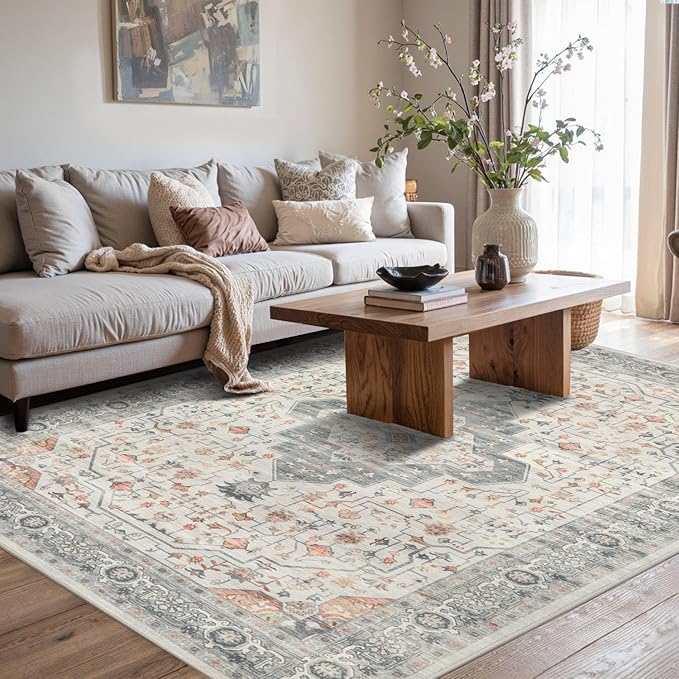 Rugxara 5X7 Taupe Washable Area Rug for Living Room, Vintage Boho Rugs for Office, Dining Room, Kids Room, Farmhouse, Low Pile Non Slip Carpet for High Traffic Areas