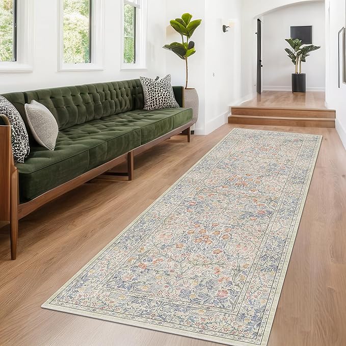 Hazo Haus Floral 3x8 Wide Hallway Runner - Beige Blue with Lilic Accent, Boho Forest Decor, Washable Low Pile Non Slip Stain Resistant Rug for Long Kitchen, Large Bathroom, Hall Way