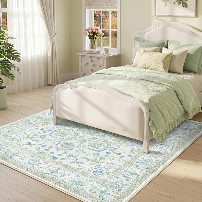 CAPALOCA Machine Washable Rugs Nursery Rug Sq4ft Cute Girl Non Slip Low Pile Water Repellent Soft Print Pattern for Bedroom Indoor Decor Kids Playroom Green Blue