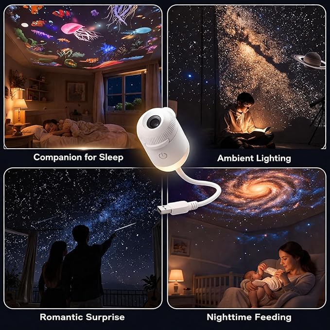 USB Galaxy Star Projector Night Light, 2-in-1 Starry Sky Projector with 6 Projection Films, Adjustable Brightness 360° Rotation, Star Ceiling Light for Bedroom, Car Roof Star Lights for Kids Adults
