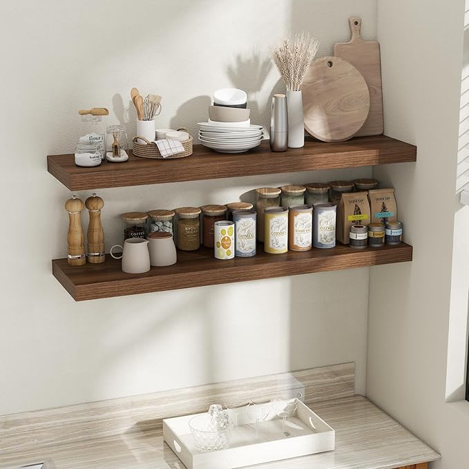 Fun Memories 12 Inch Deep Floating Shelves, 48 x 12 Floating Shelves for Wall Set of 2, Extra Deeper Hanging Wood Wall Shelves for Bedroom, Living Room, Kitchen, Walnut