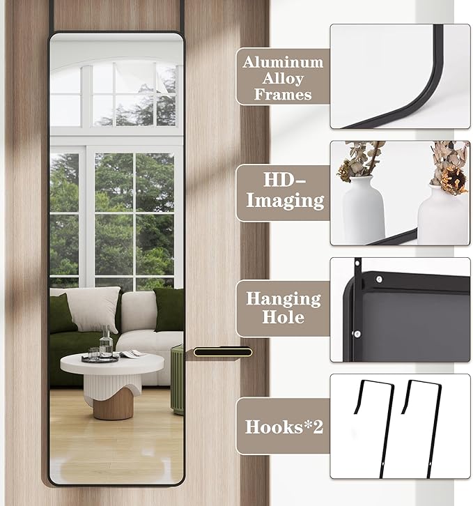 Full Length Door Mirror 14x48, Metal Frame with Protective Film, No-Drilling Hanging or Wall Mount (Horizontal/Vertical), Hooks & Hardware Included, Full Body Mirror for Bedroom, Dorm, Black