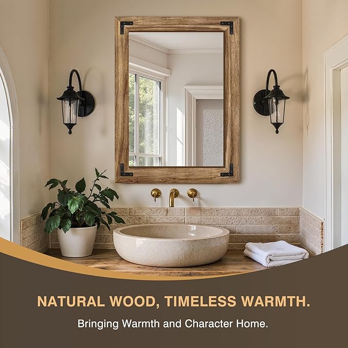 Wooden Bathroom Mirror for Wall, 32"x24" Solid Wood Frame Vanity Mirror, for Farmhouse, Bedroom, Living Room, Entryway Decor, Hangs Vertically or Horizontally