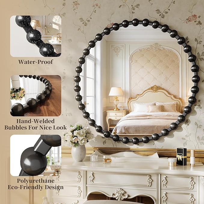 Round Vanity Mirror with Beaded Frame, 36 Inch Circle Wall Mirror for Bedroom Dresser, Entryway, Bathroom, Living Room, Decorative Hanging Wall Mirror, Black