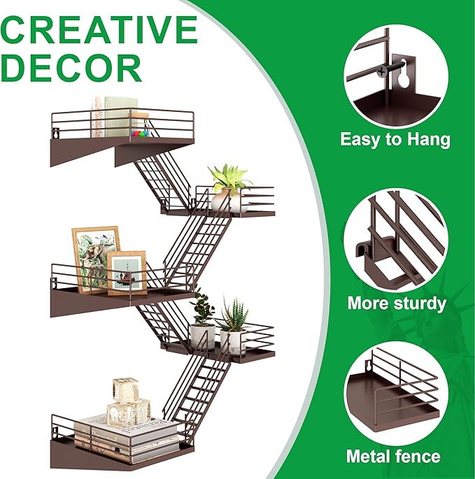Fire Escape Shelf - 5 Tier Large Coffee Metal Fire Escape Wall Shelves with Baskets, New York Action Figurine Display Shelf, Unique Rustic Floating Decorative Wall Shelves for Home