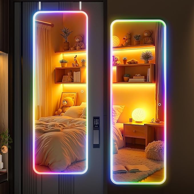 Hasipu 47"x15.7" LED RGB Door Mirror Full Length, Full Body Full Length Over The Door Mirror with Lights, Door Hanging & Wall Mounted Mirror for Bedroom, Living Room, Cloakroom