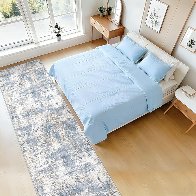 XLUEZ 2.6x10 Runner Rug for Hallway, Washable Modern Abstract Runner Rugs Neutral Soft Non Slip Kids Rug Stain Resistant Indoor Runners for Entryway Bedroom Kitchen Laundry Room(Blue, 2'6''x10')