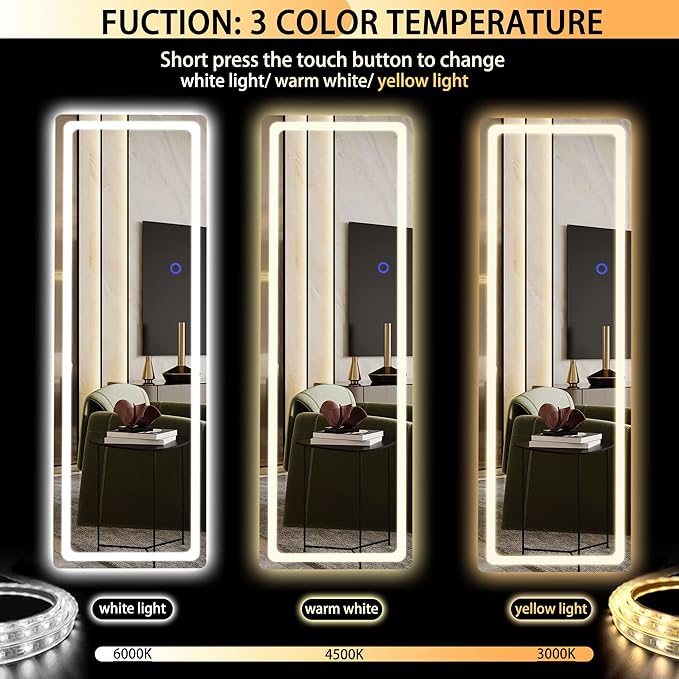 Hasipu Full Length Mirror with Lights, 56" x 20" LED Floor, Full Body Dressing Standing, Hanging Mounted Mirror, Round White