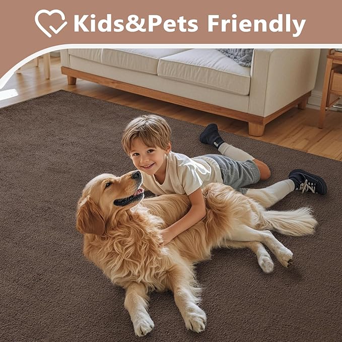 FinRèc 6x9 Washable Area Rugs for Bedroom Living Room, Low Pile Thin Rug Solid Color, Non-Slip Carpet Indoor for Home Decor (Pure Brown)