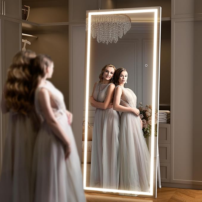 75" x 28" Full Length Mirror with Lights, LED Lighted Floor Standing Body Mirror, Dimmable & 3 Color Lighting for Bedroom, Cloakroom, Dressing Room, Tempered Glass, White Frame