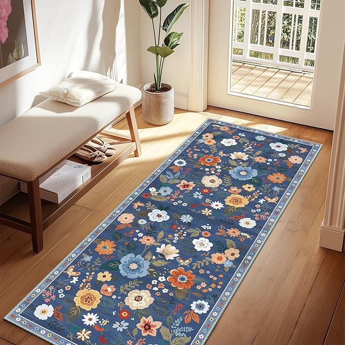 RELEANY Floral Nursery 2x6 Area Rugs Washable Print Boho Cute Carpet Non Slip Flower Low Pile for Living Room Kids Girls Playroom Bedroom Kitchen Office Farmhouse-Blue/Grey