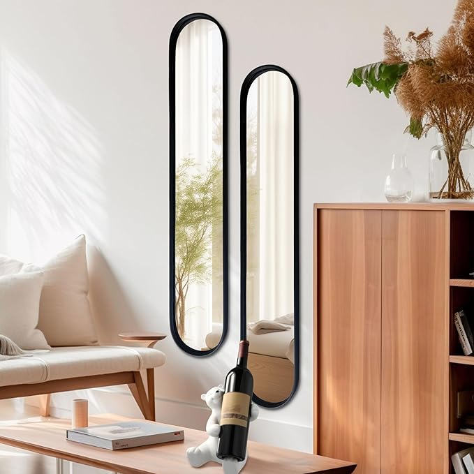 OUSHUAI Black Full Length Oval Mirror, 2-Pack Narrow Capsule Long Mirrors with Metal Frame for Dressing, Hallway, Living Room, Entryway Wall Decor