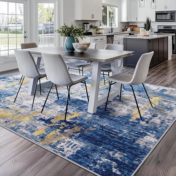 RELEANY Washable Area Rugs 5'x7' Non-Slip Modern Abstract Soft for Living Room Entryway Bedroom Nursery, Print Pattern, Grey Blue Gold/Golden