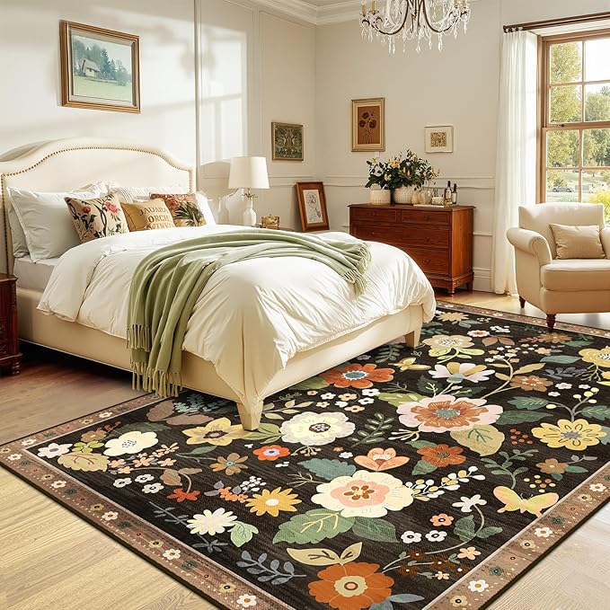 RELEANY Floral Nursery 5x7 Area Rugs Washable Print Boho Cute Carpet Non Slip Flower Low Pile for Living Room Kids Girls Playroom Bedroom Kitchen Office Farmhouse-Black/Yellow/Red