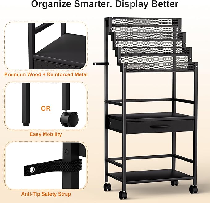 4-Tier Men's Cologne & Accessory Organizer with Drawer & Wheels, Sleek Industrial Wooden & Metal Perfume Display Rack for Cologne Bottles, Aftershave & Grooming Essentials, Multi-Functional Fragrance Storage Stand, Black