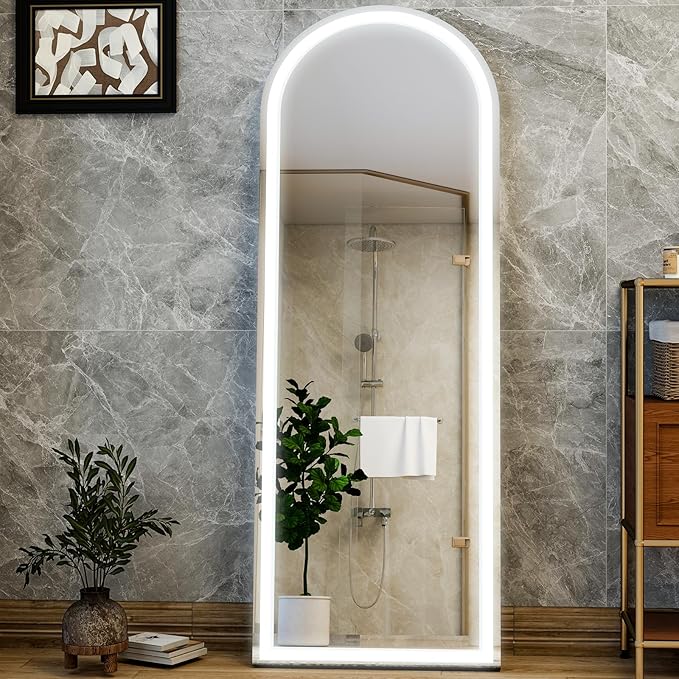 GLSLAND 20"x56" Arched LED Full Length Mirror with Lights – Wall Mounted or Standing Full Body Mirror for Bedroom/Cloakroom – Dimmable with 3 Color Lighting Modes