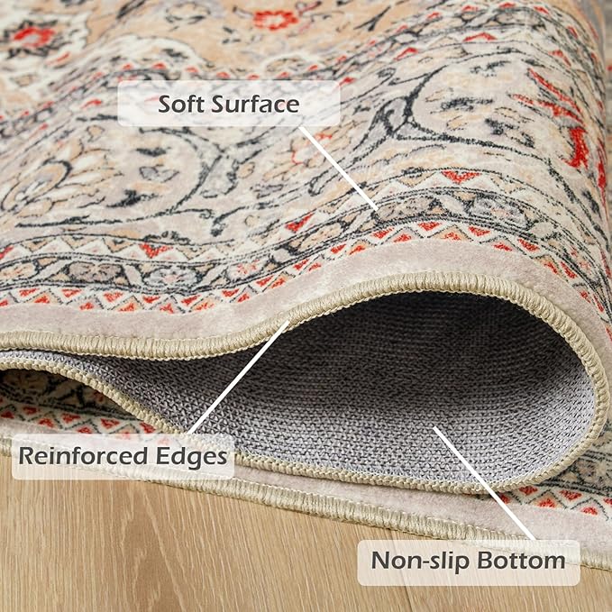 Goideal Washable Rug 5x7, Beige Area Rugs Non Slip, Indoor Low Pile Carpet with Rubber Backing for Living Room Kitchen Bathroom Entryway Office Bedroom