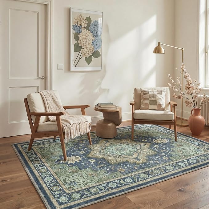 GENIMO Area Rug 2x3 Doormat, Machine Washable Low Pile Rugs, Small Retro Chenille Entryway Mat for Entrance, Hallway, Kitchen and Corridor, Green & Navy