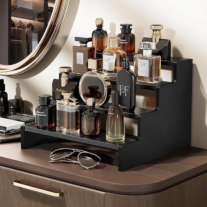 ProCase Wooden Cologne Organizer for Men, 4 Tier Perfume Organizer, Mens Cologne Stand Holder Storage, Display Riser Shelf Rack for Fragrances Candles Cosmetics Cupcake Figure Spice -Black