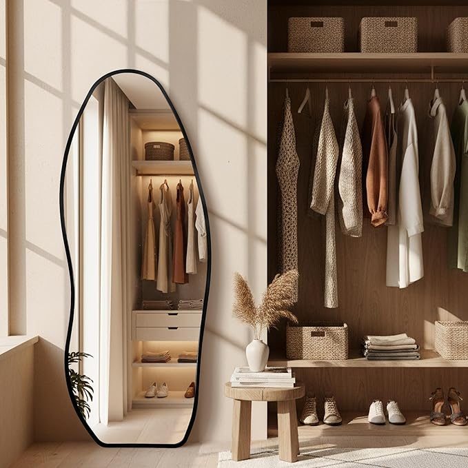 Dorlicecass Mirror Full Length - Irregular Full Body Mirror Standing or Leaning or Wall Hanging 63"x 24" Asymmetrical Aviation Aluminum Alloy Frame Unique for Bedroom, Living Room, Cloakroom, Entryway