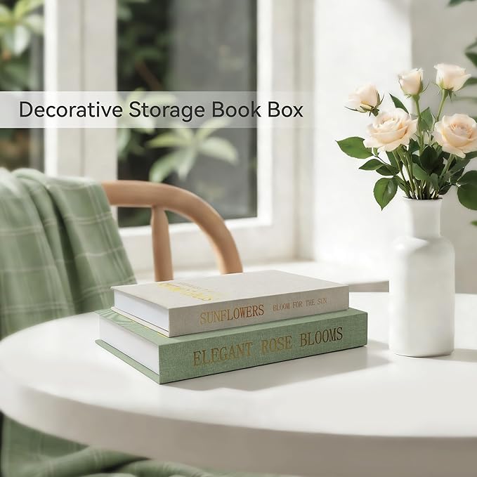 Premium Linen Decorative Book Box Set of 2 - Letter Gold Foil Embossed with Hidden Storage | Coffee Table, Bookshelf & Mantel Decor & Keepsake Organizer to Elevate Home Aesthetic,Green