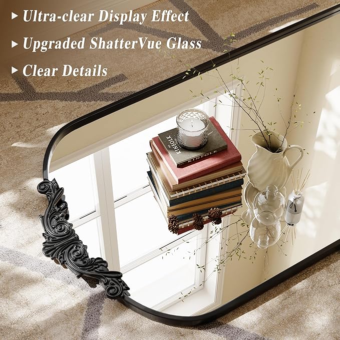 GLSLAND 32"x71" Vintage Full Length Mirror,Large Carved Arched Full Body Mirror with Metal Frame for Bedroom/Living Room/Entryway,Black
