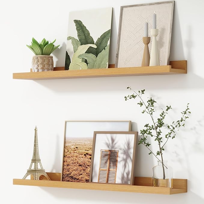 FLYJOE Picture Ledge Shelf, Floating Shelves Set of 2, 32 Inches Nursery Book Shelves for Toys Storage, Kids Bookshelf Wall Mounted for Living Room Bedroom Decor Books Photo Frames, Natural Oak
