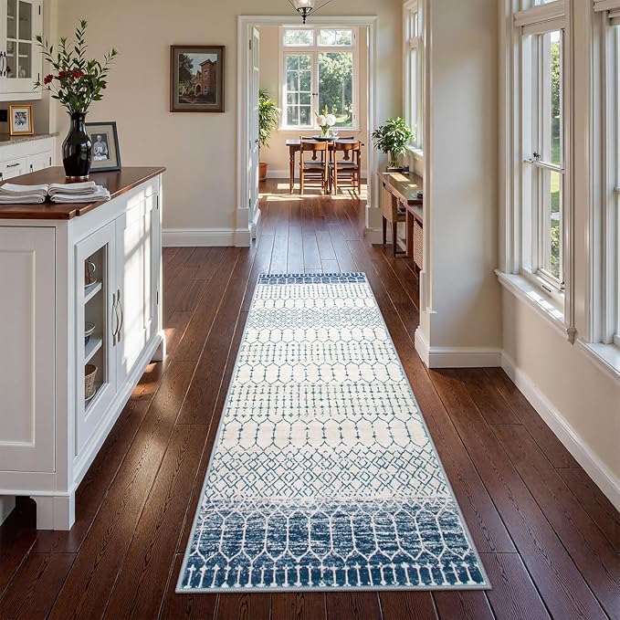 Lahome Moroccan Washable Blue Runner Rug 2x6 Rug Runners for Hallways Non Slip Throw Stain Resistant Kitchen Runners, Geometric Print Distressed Indoor Floor Rug for Entryway Bathroom Bedroom Hana