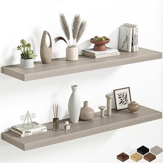 Fun Memories 48 Inch Floating Shelves, 12 Inch Deep Wall Shelves, 48 x 12 Floating Shelf Set of 2, Gray Rustic Wood Floating Shelf Wall Mounted for Large Kitchen Living Room Bedroom Bathroom Storage