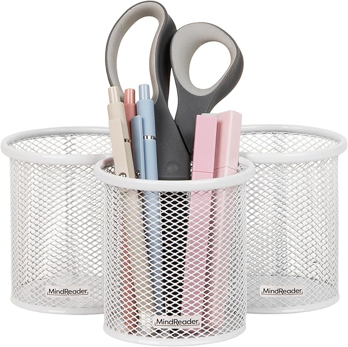 Mind Reader Pen and Accessories Holder, Desktop Organizer, Office, Metal Mesh, 3.5"L x 3.5"W x 3.75"H, Set of 3, White