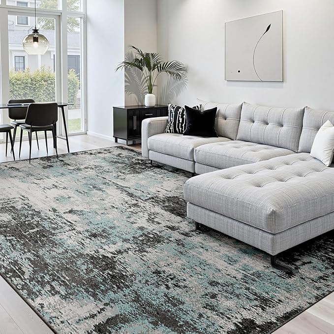 RELEANY Washable Area Rugs 6'x8' Non-Slip Modern Abstract Soft for Living Room Entryway Bedroom Nursery, Print Pattern, Blue Black Teal