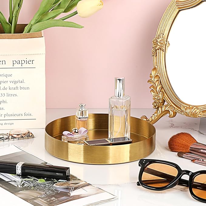 Hipiwe Round Key Bowl for Entryway 7.1" Gold Decorative Tray Jewelry Ring Dish Stainless Steel Candle Holder Plate Perfume Tray Metal Vanity Trays for Bathroom Dresser Home Decor