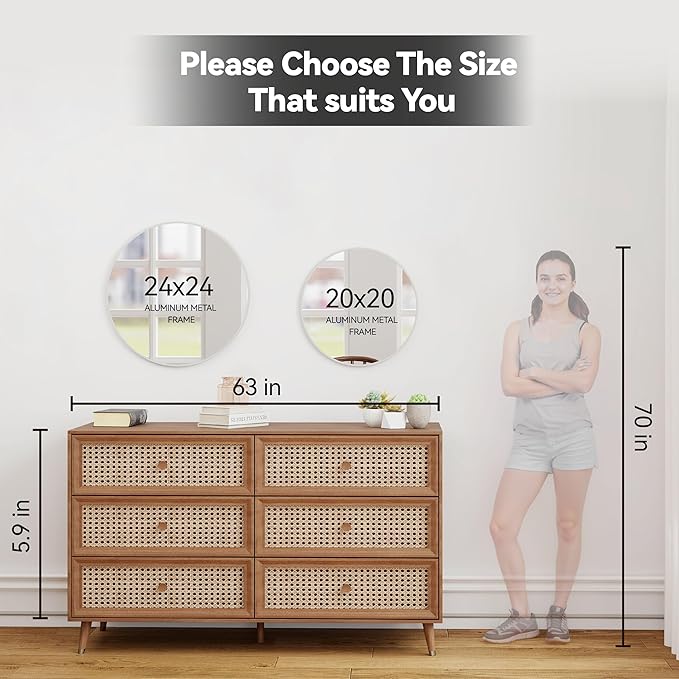 SCWF-GZ 20" Round Mirror Circle Wall Mounted Hanging or Against Wall Metal Frame Dressing Make-up Mirrors for Entryway Bedroom Bathroom Living Room 20 inch Silver