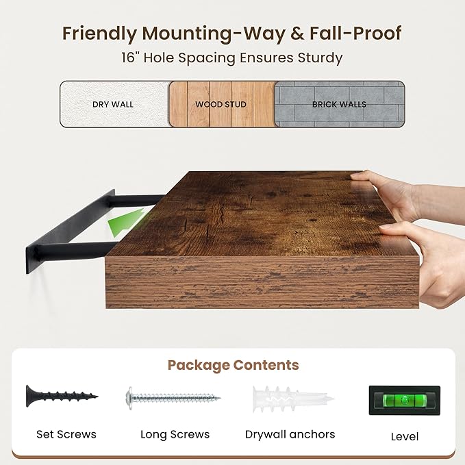 FLYJOE 48 Inch Floating Shelves | 12 Inch Deep Floating Shelves Set of 2 | 48" W x 12" D Rustic Brown Wood Wall Shelves for Bathroom Living Room Kitchen Laundry Room