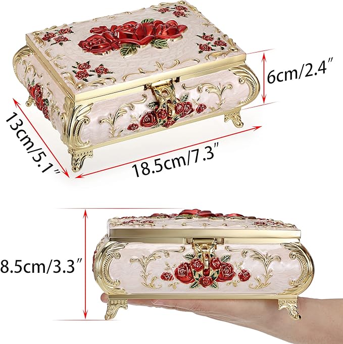 Hipiwe Metal Decorative Jewelry Box Vintage Treasure Chest Case Ornate Trinket Organizer Earrings Necklace Bracelet Storage Box Ring Holder Keepsake Box for Women