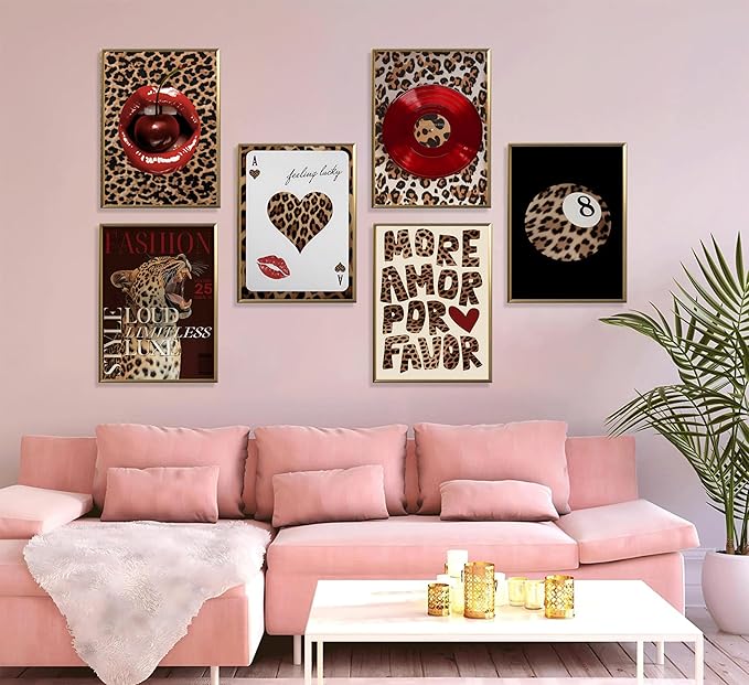 6pcs Fashion Leopard Wall Art Prints Leopard Lucky 8 Ball Poster Ace of Hearts, Spades Poker Canvas Prints Vintage Preppy Room Aesthetic Cheetah Wall Decor for Teen Girls Bedroom Dorm Apartment Living Room Decor Unframed