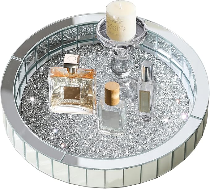 11” Rotating Makeup Perfume Organizer,Silver Glass Vanity Tray fits Dresser Bedroom,Round Perfume Display Holder,Crushed Diamond Home Decor,Gift Idea for Women
