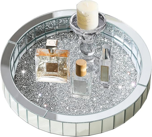 11” Rotating Makeup Perfume Organizer,Silver Glass Vanity Tray fits Dresser Bedroom,Round Perfume Display Holder,Crushed Diamond Home Decor,Gift Idea for Women