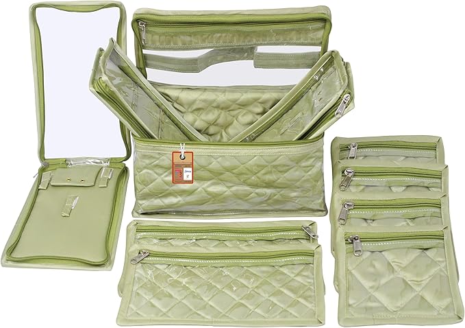 atorakushon Satin Makeup Kit Travel Jewelry Organizer Locker Box Pouches Clutch Bag for Necklaces Earrings Rings With 10 Pouch Bag Case Pista Green