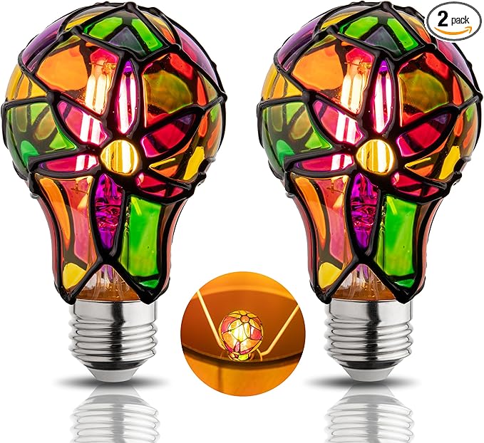 Stained Glass Light Bulb, Stain Tinted Glass Light Bulbs Indoor, 4W 120V, E26 Rainbow Painted Mosaic Bulb, Multi Colored Colorful Bulbs Indoor, Fun Romantic Unique Decorative Lighting for Lamp