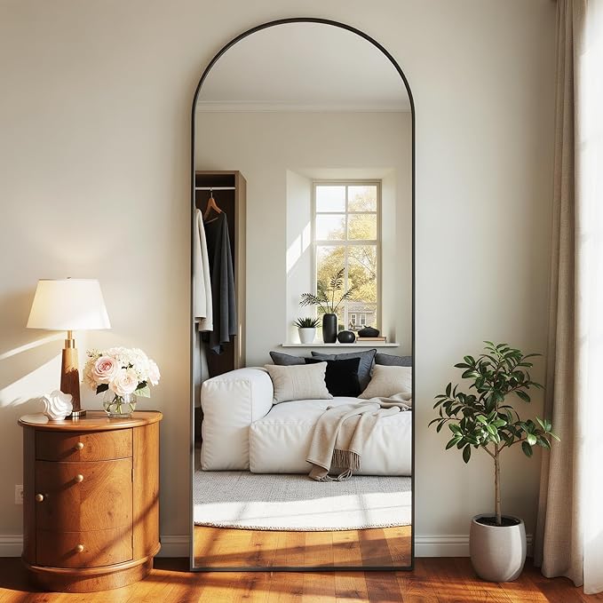 58"x18" Arched Full Length Mirror with Stand, Free Standing Leaning Wall Mounted Aluminum Alloy Frame Mirror for Bedroom Living Room Cloakroom, Black