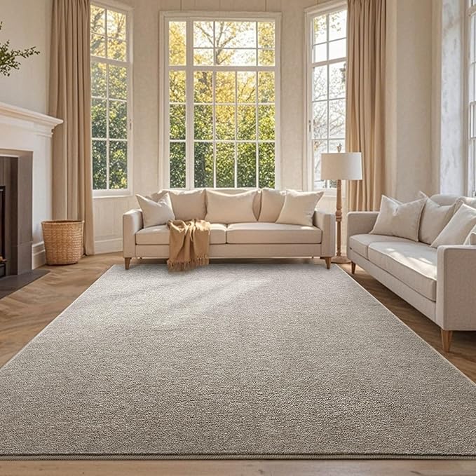 FinRèc 8x10 Washable Area Rugs for Bedroom Living Room, Low Pile Thin Rug Solid Color, Non-Slip Carpet Indoor for Home Decor (Greige/White)