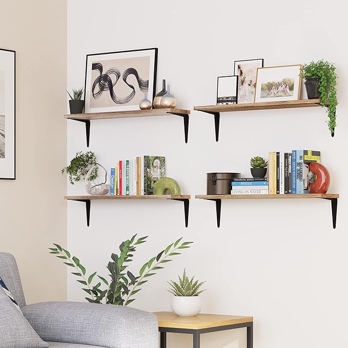 Wallniture Arras 24'' Floating Shelves, Floating Book Shelves, Wall Mounted Rustic Wood Shelf for Living Room, Bathroom Decor, Kitchen, Bedroom, Set of 4 Burnt