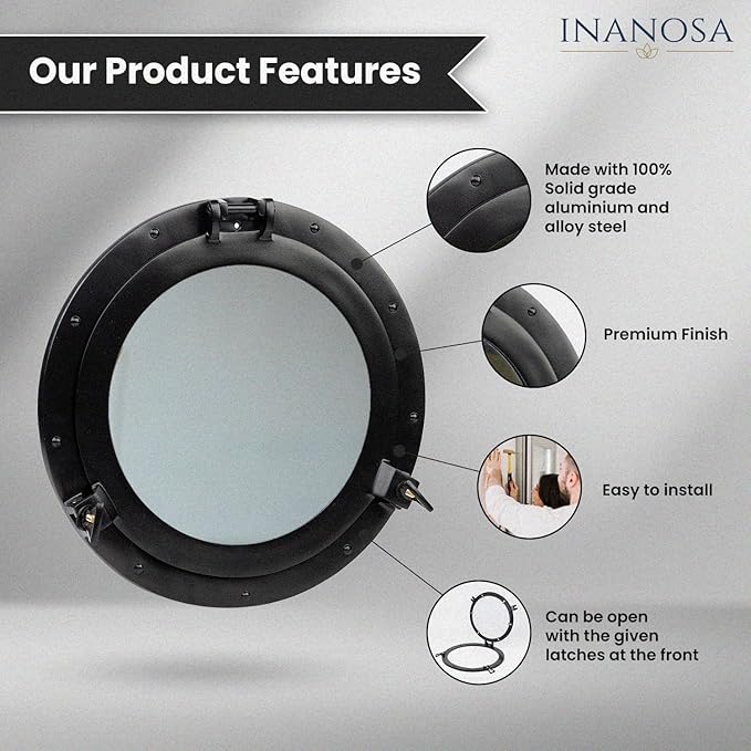 30 Inch Bathroom Wall Decor Ship Porthole Mirror with Black Finish – Vintage Round Wall Mounted Mirror for Bathroom Vanity, Nautical Pirate Coastal Vintage Home Décor