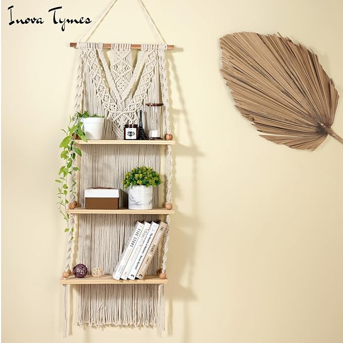 Macrame Wall Hanging Shelf 3 Tier - Boho Bedroom Decor | Macrame Wall Decor | Boho Shelf Decor, Hanging Shelves for Wall, Woven Rope Floating Wood Shelves & Storage for Small Plants