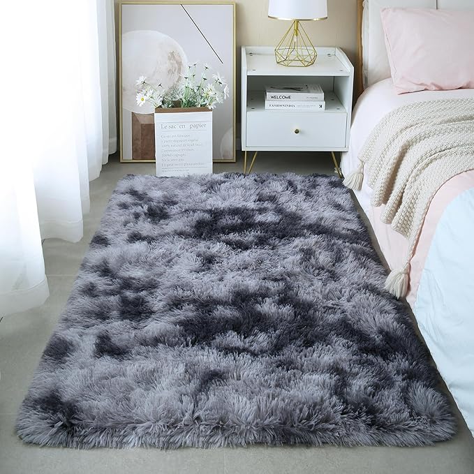 KICHOWUA 3x5 Dark Grey Fluffy Shag Rug for Bedroom, Soft Plush Fuzzy Washable Floor Non Slip Small Carpet for Living Room, Modern Comfy Furry Shaggy Area Rugs for Kids Baby Nursery Dorm, Tie-Dye Gray
