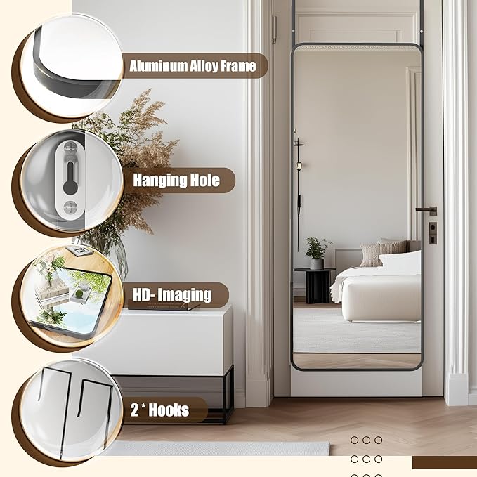 Antok Over The Door Mirror Full Length, 49'' x 14''Wall Mounted Hanging Mirror, Aluminum Alloy Frame, Shatterproof Glass, No Drill Installation for Bedroom, Closet, Bathroom, Dorm, Round Corner,Black